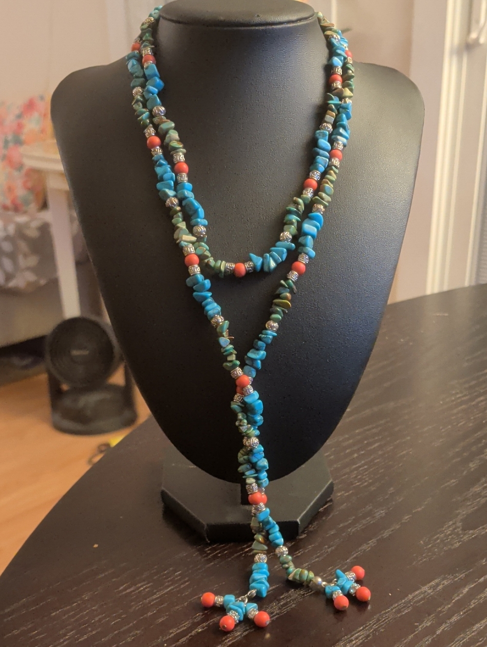 Native American Navajo Style Genuine Turquoise and Coral Beaded Lariat Necklace